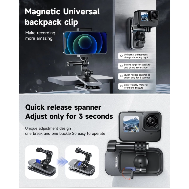 Telesin GoPro / DJI / Insta360 360 Rotary Backpack Clip Mount คลิปหนีบสายกระเป๋า thumbnail 3