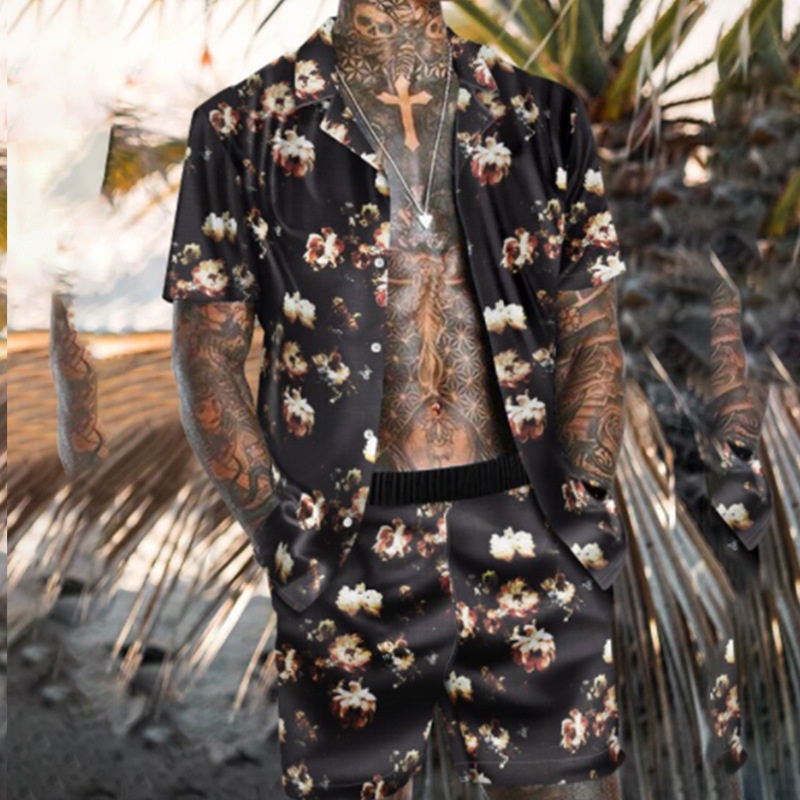 ASummer Men Hawaiian Sets Blue Floral Printing Short Sleeve Button Shirt Beach Shorts  Two Set Casual Holiday Men's  #3