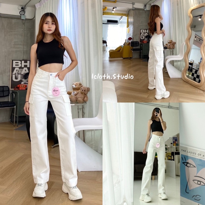 🤎 Chuu-5kg Cargo jeans Y2K🤍 กางเกงยีนส์ขากระบอก สไตล์คาร์โก ดีเทลกระเป๋าข้าง