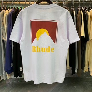 【ใหม่】แบรนด์แฟชั่นอเมริกัน RHUDE Moonlight พิมพ์เสื้อยืดคุณภาพสูงเส้นด้ายคู่ผ้าฝ้ายเสื้อยืดผู้ชายผู้หญิงขนาดใหญ่