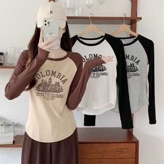 พร้อมส่ง เสื้อยืดแขนยาว พิมพ์ลาย สไตล์เกาหลี แฟชั่นบอททอม