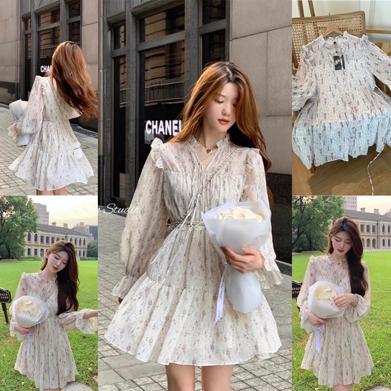 เดรสลายดอกคอระบายขาวครีมป้ายypy bbs