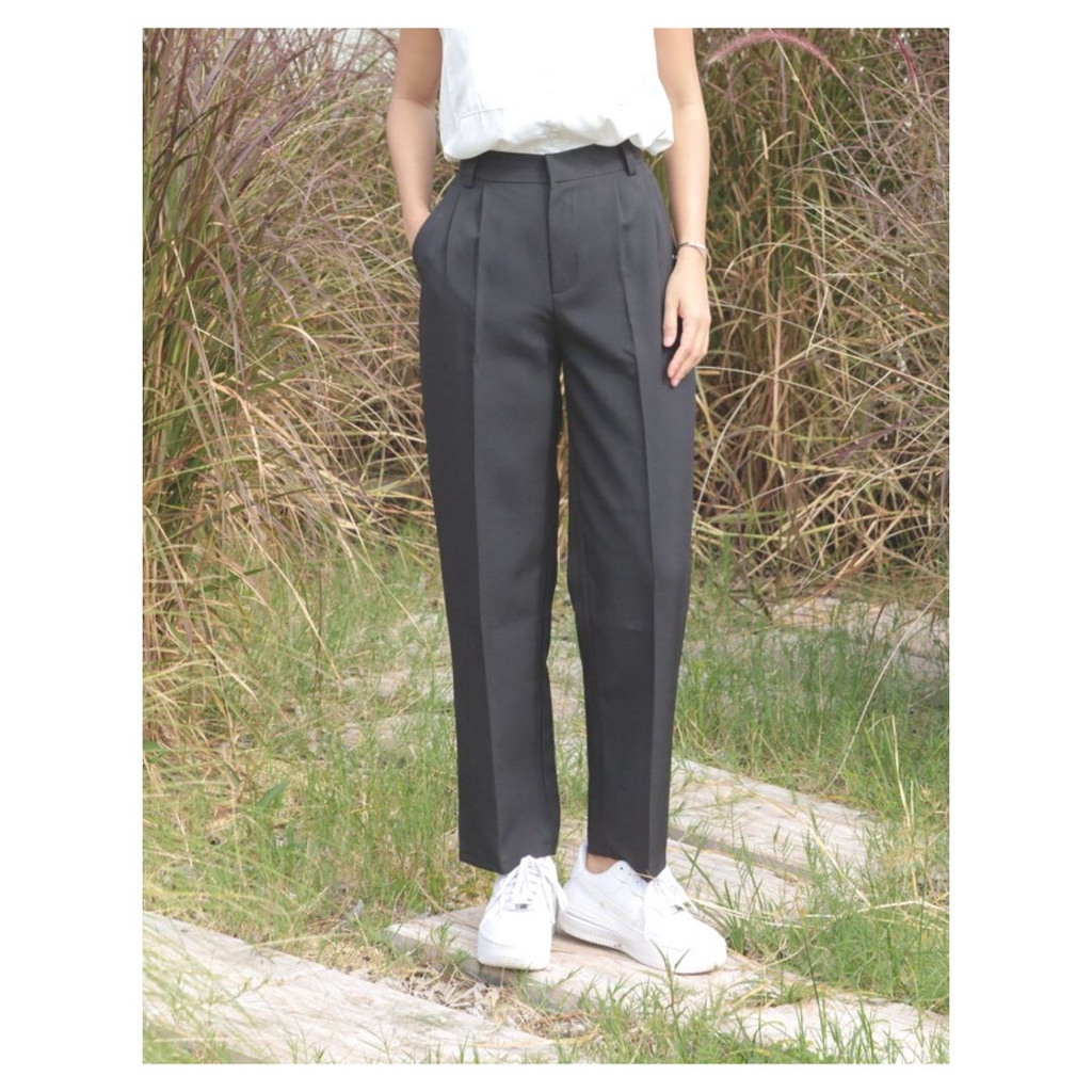 YNO High waist ankle length trousers กางเกงขายาวตกแต่งจีบ 27149