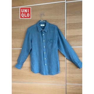 Uniqlo x Linen  x size M ชาย ใหม่กริบ กระเป๋าหน้า สีฟ้าอมน้ำเงิน อก 38 ยาว 28 ไม่ตำหนิ • Code : 702(11)