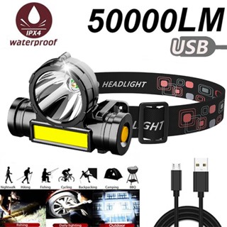 ไฟฉายสวมศีรษะ 50000lm USB COB+LED กันน้ํา ชาร์จได้