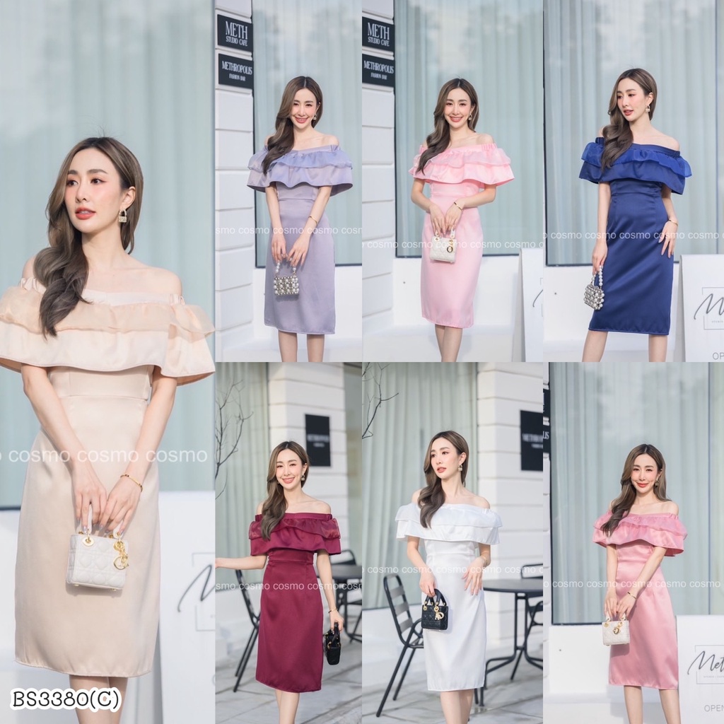 BS3380 เดรสออกงาน ผ้าซาร่าเนื้อเงา ทรงเปิดไหล่แต่งระบายด้วยผ้าแก้ว