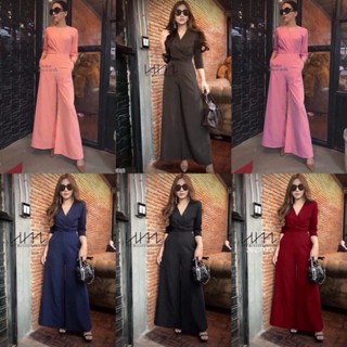 CS3623  จั้มสูทขายาว แขนศอก คอวีไขว้ขายาว  Long jumpsuit, elbow sleeves, v-neck crossed, long legs