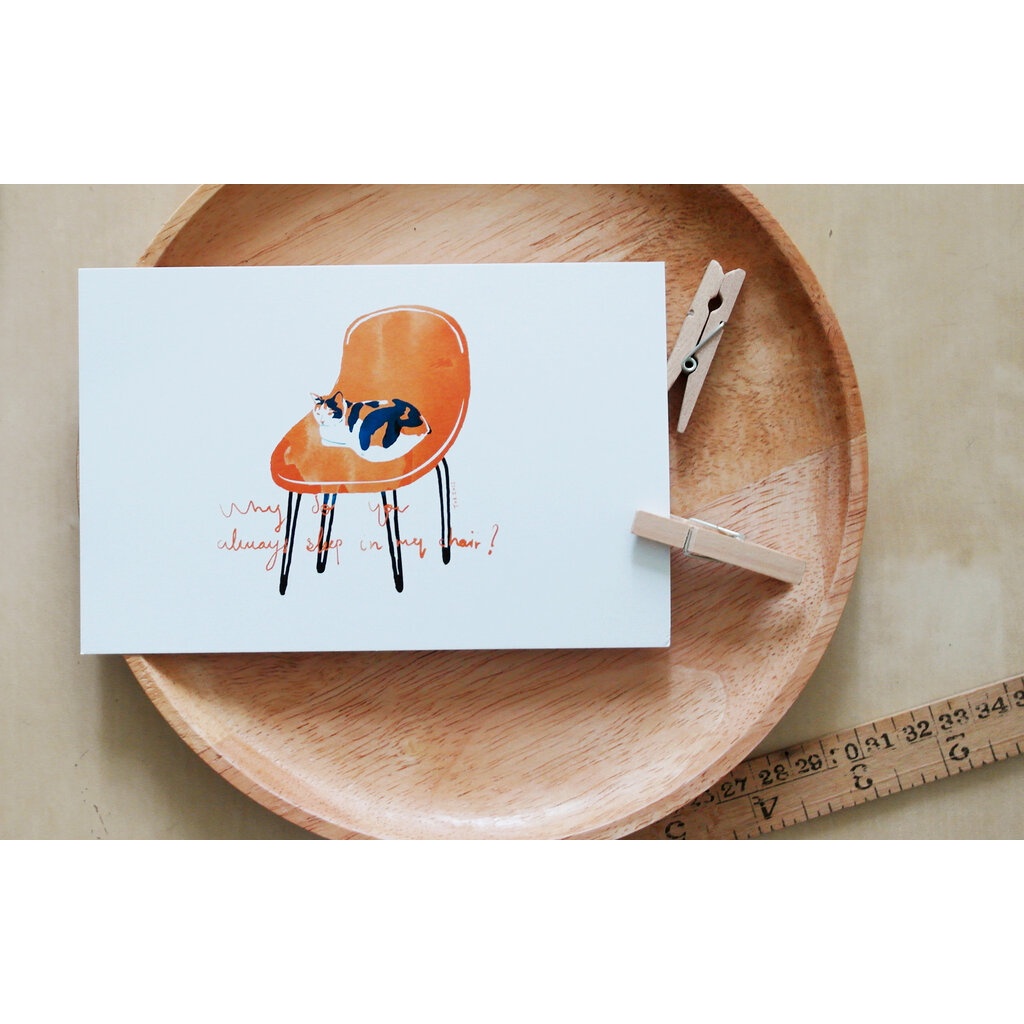 โปสการ์ด ลายแมวเก้าอี้ส้ม cat on orange chair illustration postcard 4x6 inch