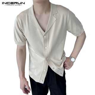 Incerun เสื้อกิโมโน คอวี แขนสั้น สีพื้น ติดกระดุม สไตล์ฤดูร้อน สําหรับผู้ชาย