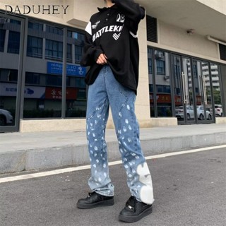 DaDuHey🔥 Mens and Womens High Street Paint-Splashing Style Graffiti Vintage Print All-Match Mid-Waist Straight Casual Jeans