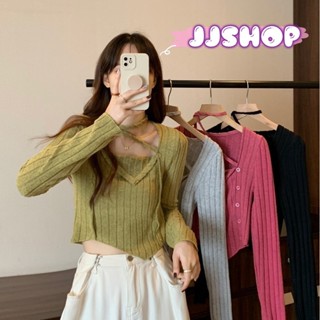 JJ shop 💜พร้อมส่ง เสื้อแขนยาวไหมพรมดีเทลสายคาดที่หน้า ผ้าร่องแนวเสื้อเก๋ๆ "M5610"