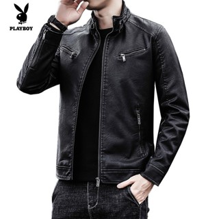 Playboy Autumn and Winter New Mens Leather Jacket Korean Version of The Slim Youth PU Leather Jacket Bomber Jacket