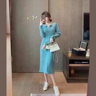 🧵Knitting dress 🧵เดรสไหมพรมผ้าร่อง แขนยาว คอปก แต่งคอวีTD​588