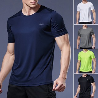 Mens แขนสั้นกีฬาเสื้อยืดด่วนแห้งวิ่งเสื้อยืด Breathable ฟิตเนสเสื้อ Top Ice Silk Gym เสื้อฟุตบอล Man เสื้อผ้า