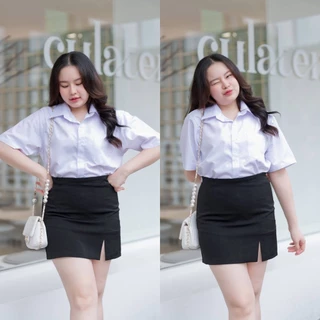 กระโปรงนักศึกษาทรงเอผ่าหน้าไซต์ใหญ่ ทรงเอผ่าหน้าสาวอวบ กระโปรงทรงเอ ผ้าฮานาโกะ สีดำ ผ้ายืด