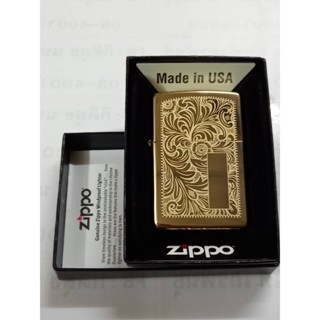 Zippo352B venetian brass สีทองผิวทองเหลืองขัดเงา ลายแกะลงเนื้อทั้ง2ด้าน หน้าหลัง ของใหม่ไม่ผ่านการใช้งานมาพร้อมกล่อง