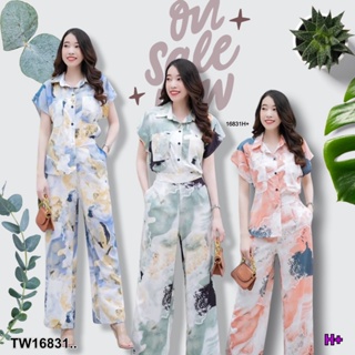 TwinsShopVip💗พร้อมส่ง TW16831 Set 2 ชิ้น &gt; เสื้อปกเชิ้ตแขนเลย+กางเกงขายาว ลายมาเบิ้ล