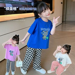 ❤onekid❤ชุดเด็กผู้หญิงฤดูร้อน 2022 ใหม่เสื้อยืดแขนสั้นชุดสองชิ้นสำหรับเด็กกางเกงลายหมากรุกเสื้อผ้าสาวน้อย