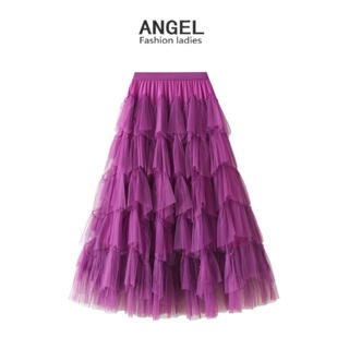 【6 สี】 ANGEL แฟชั่นผู้หญิงกระโปรง midi ตาข่ายสีทึบเกาหลียืดหยุ่นสูง A-line สีม่วงบางแกว่งกระโปรงตูตูกระโปรงยาวเค้กสําหรับผู้หญิง