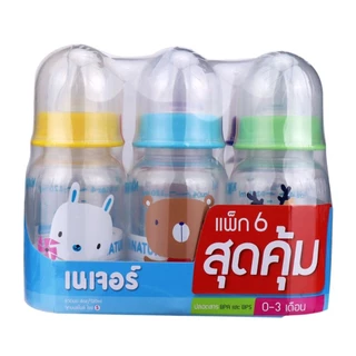 NATUR เนเจอร์ ขวดนมทรงกลม พร้อมจุกนมสไมล์ ไซส์ S,L ขนาด 4oz / 8oz แพ็ค 6 ขวด