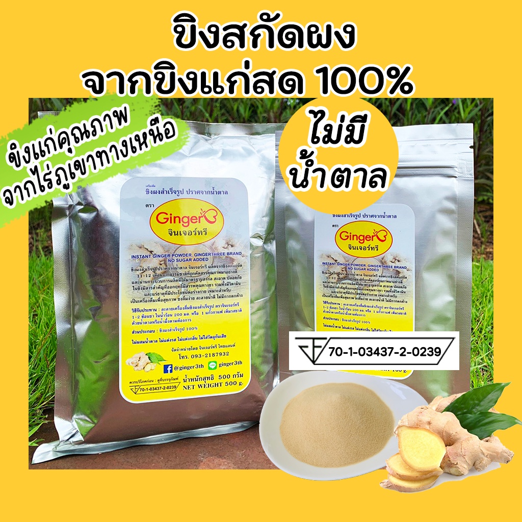 ขิงสกัดผง100% ไม่มีน้ำตาล ขนาด 500 กรัม ตราจินเจอร์ทรี (Ginger3) ละลายดีไม่มีกากตะกอน