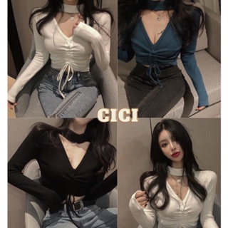 Cici ❣🇹🇭🚚พร้อมส่ง❣(Y7198)เสื้อไหมพรมแขนยาวเว้าแหวกอก ดีเทลเชือกรูดตรงกลาง รุ่นนี้แซ่บปังมาก