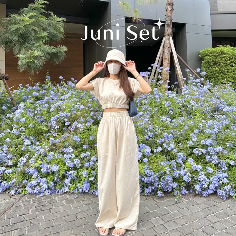 Juni set เสื้อ+กางเกง ชุดผ้าฝ้ายลินิน ชุดไปคาเฟ่ เกาหลีมินิมอล ชุดไปcamping