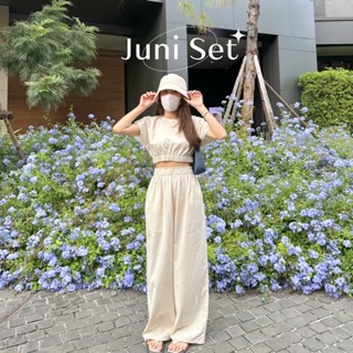 พร้อมส่ง⚡️JUNI SET เสื้อ+กางเกง ชุดผ้าฝ้ายลินิน ชุดไปคาเฟ่ เกาหลีมินิมอล ชุดไปcamping