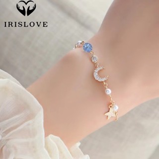 Irislove สร้อยข้อมือ ประดับเพทาย ไข่มุก ดวงจันทร์ ดาว สีทอง สไตล์เกาหลี หรูหรา เครื่องประดับ สําหรับผู้หญิง