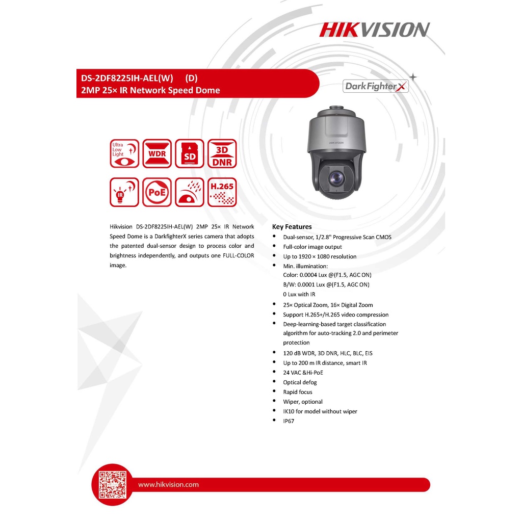 กล้องวงจรปิด Hikvision รุ่น DS-2DF8225IH-AEL 8-inch 2MP 25X DarkFighterX IR Network Speed Dome