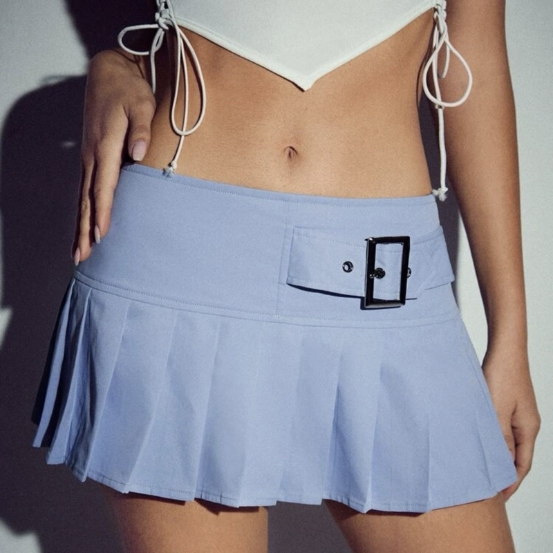 กระโปรงสั้น Mini Skirt สีฟ้า แบบนางแบบคริตตี้ใส่ Size XS-S เอวต่ำ28 Y2K