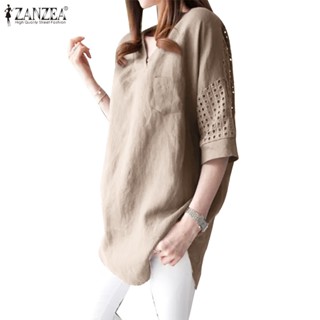 ZANZEA Women Korean Loose Soild Short Sleeve V Neck Patchwork Tops