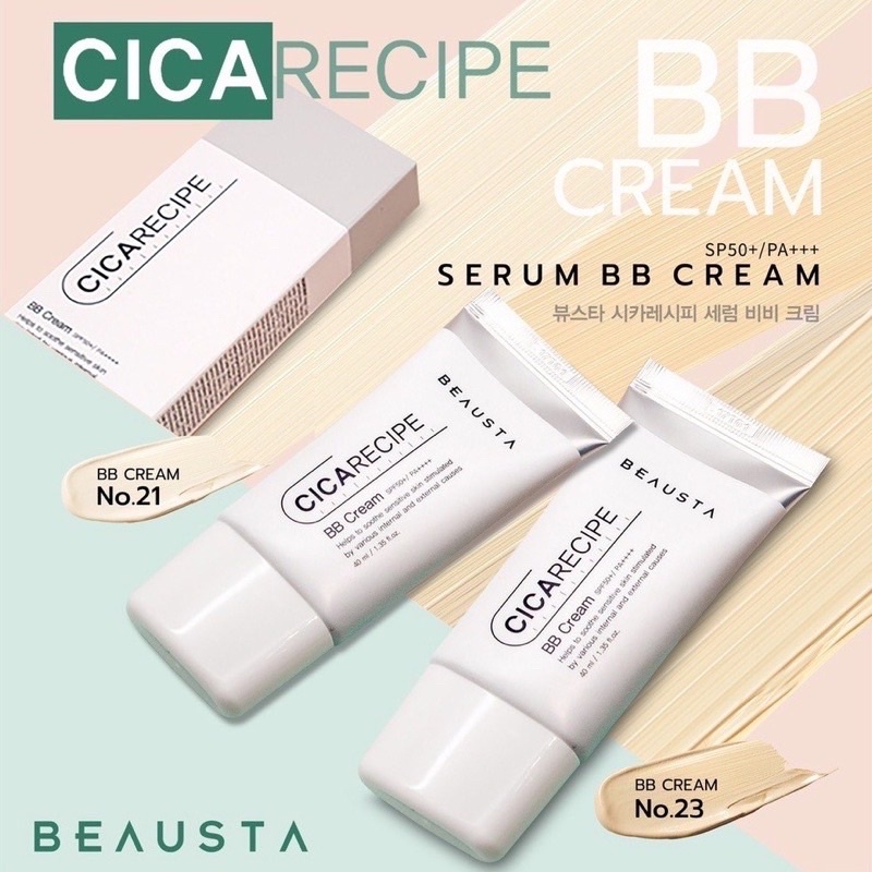 BEAUSTA Cicarecipe BB Cream บีบีครีมใบบัวบก ปกปิดผิวเรียบเนียน SPF50+ PA+++ หมดอายุ 5/23