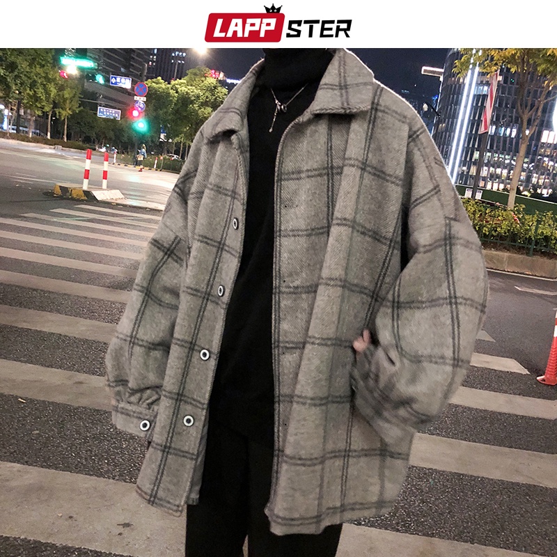 LAPPSTER Men Korean Style Plaid Overcoat 2022 Overcoat Wool Mens Streetwear Windbreaker Harajuku Fashions Oversize Jacke