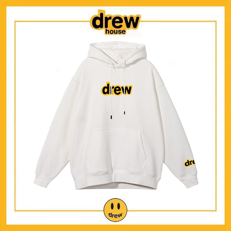 Drew House เสื้อยืด มีฮู้ด ขนแกะ ทรงหลวม พิมพ์ลายตัวอักษร หน้ายิ้ม สไตล์สตรีท สําหรับคู่รัก