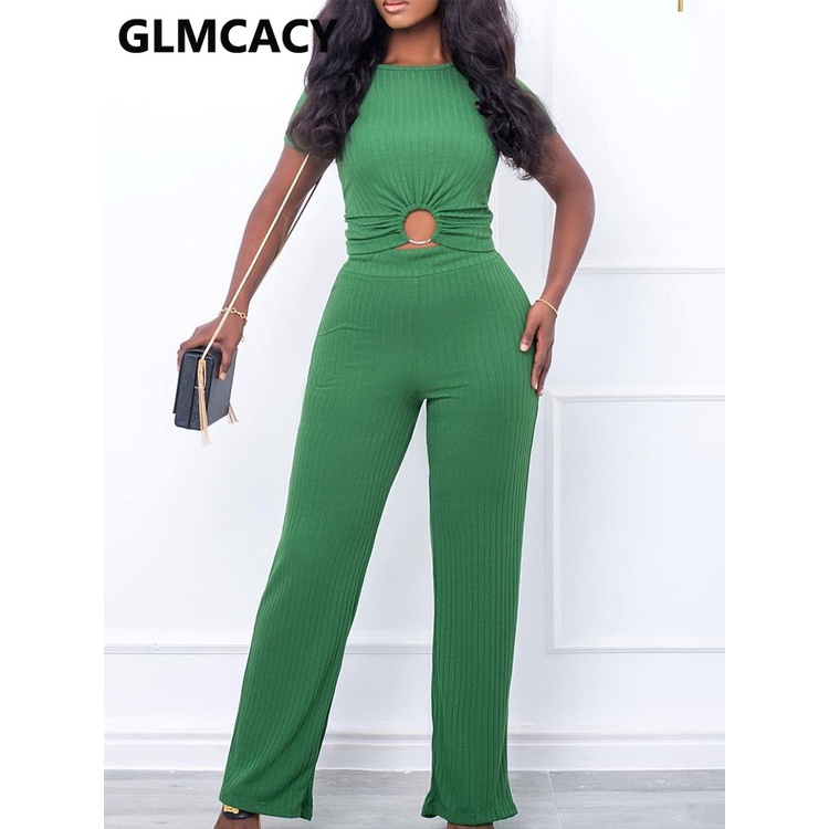 Women Summer Two Piece Ribbed Suits Short Sleeve Crop Top & Casual Stretchy Pants Set