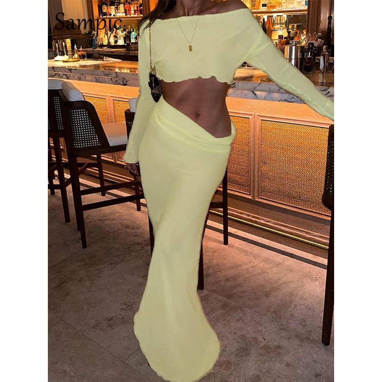 Sampic See Through Mesh Skirt Two Piece Set Women Outifts Y2K Chic Long Sleeve Crop Top And Maxi Skirt Sets 2022 Summer  #4