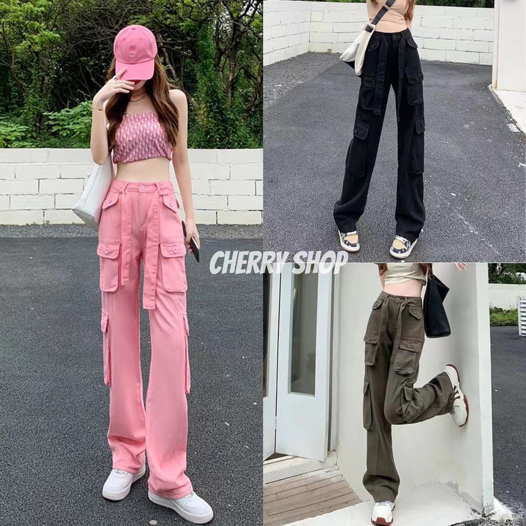 cherryshop พร้อมส่ง กางเกงยีนส์ ผู้หญิง ชุดเอี๊ยมสีชมพู ทรงบาง เอวสูง ทรงสลิม ทรงตรง หลวม ลำลอง กางเกงยีนส์ขากว้าง สไตล์