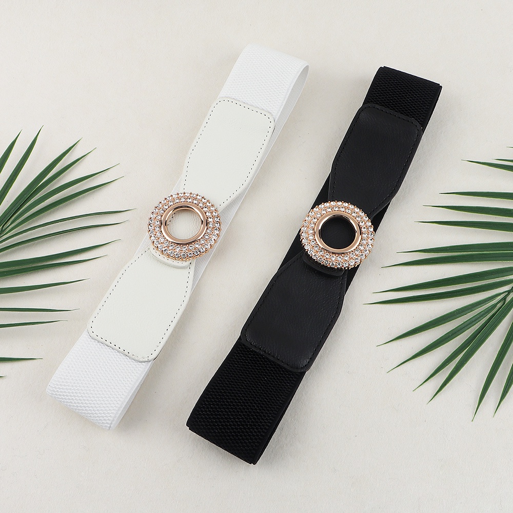 ผู้หญิงฝังเพชรรอบหัวเข็มขัดเข็มขัดหนังกว้างยืดหยุ่นยืดแฟชั่นเข็มขัดเอว - รูปที่ 3