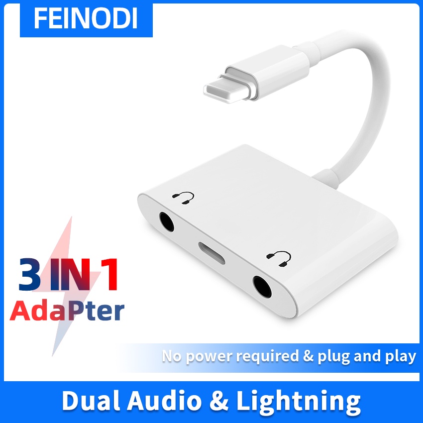 FEINODI Lighting Audio Adapter Charger Splitter Adapter 3 in 1 Type-C to 3.5mm ตัวแปลงเสียงพร้อม USB การชาร์จและหูฟัง 3.5 มม. เข้ากันได้กับโทรศัพท์ Xs/XR