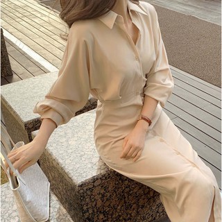 Suxi สไตล์เกาหลีเอวสลิมฟิตลําลองสีทึบ A-line แขนยาว Midi Dress