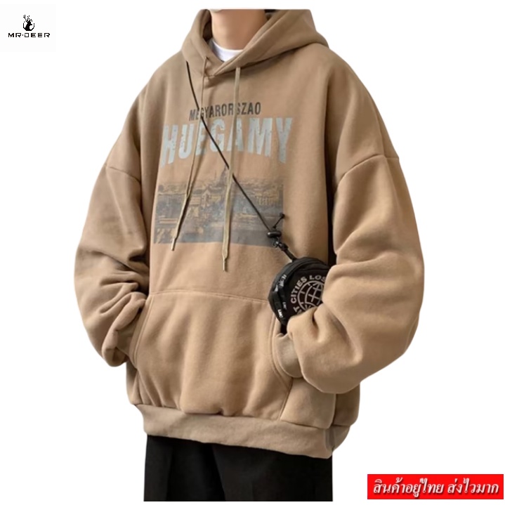 DEER เสื้อคลุมกันหนาวเเขนยาวผู้ชายผ้าบุสำลี สกรีนลายด้านหน้า เเต่งฮู้ด รุ่น M1470