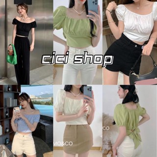 Cicishop(2226)เสื้อครอปแขนสั้น คอกว้างจั้มแขน ดีเทลผูกโบว์เพิ่มความหวานรุ่นนี้สีผผู้ดีสุดๆน่ารักกมากกก