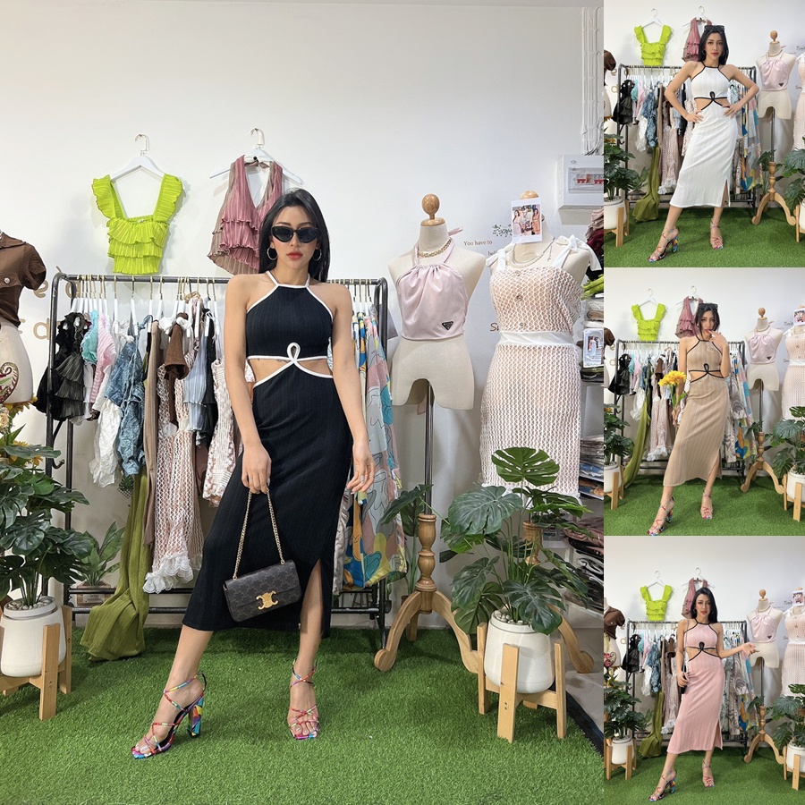 🌈พร้อมส่ง เดรสยาว เดรสแฟชั่นสายฝอ เดรสสายเดี่ยวคล้องคอ ดีเทลเปิดข้าง เซ็กซี่ เดรสผ่าข้าง สีดำ สีขาว 