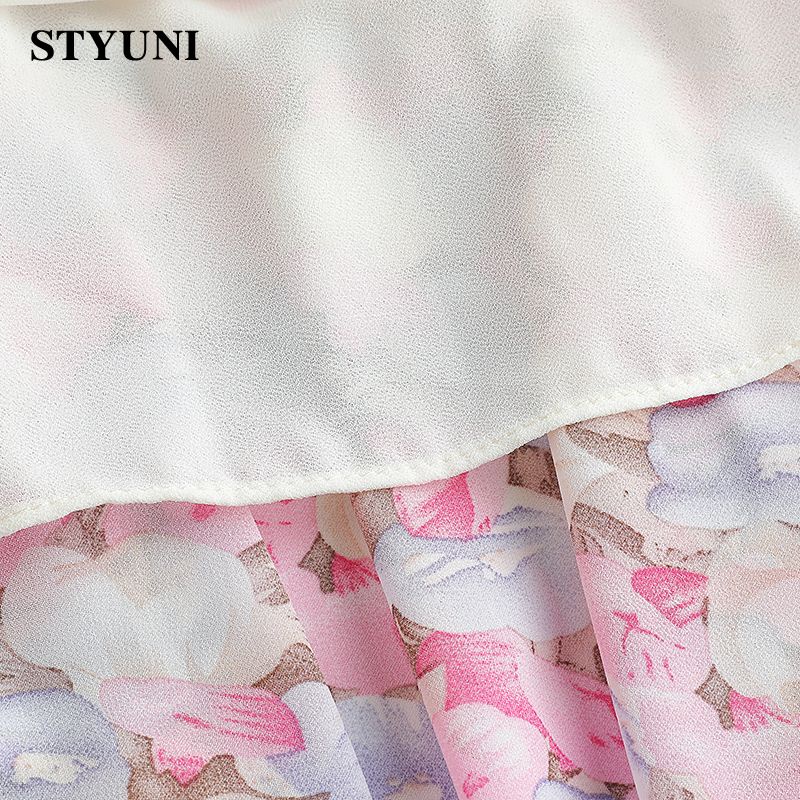 ACherry blossom pink bohemian chiffon dress 2022 spring new sweet Japanese big swing high waist printed V-neck dress fem #6