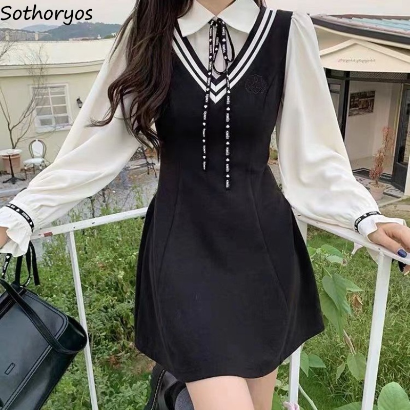 Long-Sleeve Mini Dress Women Gentle Lace-up Breathable Sweet Vintage Slim Korean Style Students Chic Office Ladies Fashi #1