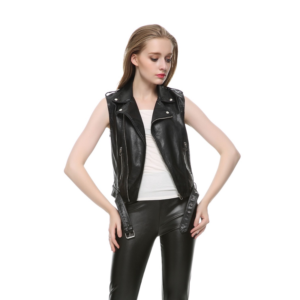 New 2022 Women Leather Vest Sleeveless Faux Moto Biker Zipper Jacket Pink PU Waistcoat Turn-down Collar Pockets Tops Fal #8