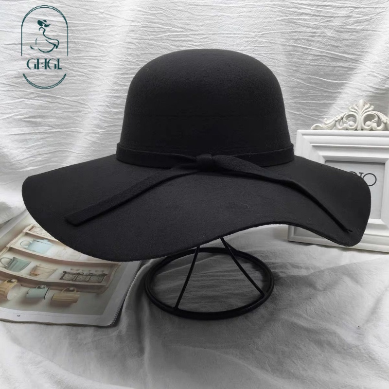 [GHGl] หมวกไหมพรมสีดําใส่ฤดูใบไม้ร่วง/ท่องเที่ยว Must-Have Bow Big Brim Top Hat/หมวกโดมสไตล์ย้อนยุค/หมวกชายหาด/Photo Nice Hat