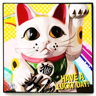 Maneki Neko แมวกวัก ญี่ปุ่น มาเนกิ เนโกะ ขนาด 20x20​ นิ้ว Cat ความเชื่อเรื่องโชคลาภ รูปภาพ​ติด​ผนัง​ pop art แมว กรอบรูป