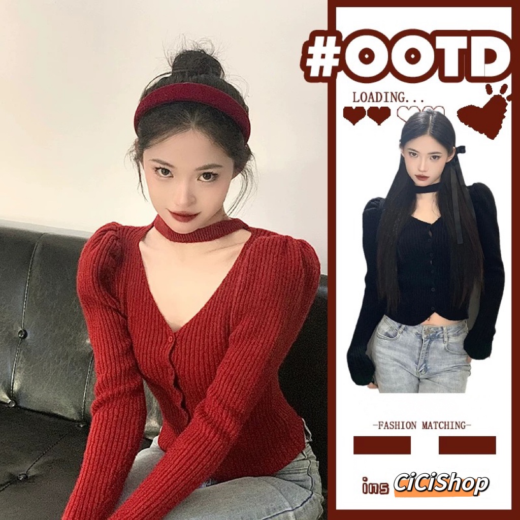 Cicishop(25060)เสื้อไหมพรมแขนยาว คอวีกระดุมหน้า แต่งสายคล้องคอ ดีเทลไหล่พองดูสเน่ท์ราศีมาก